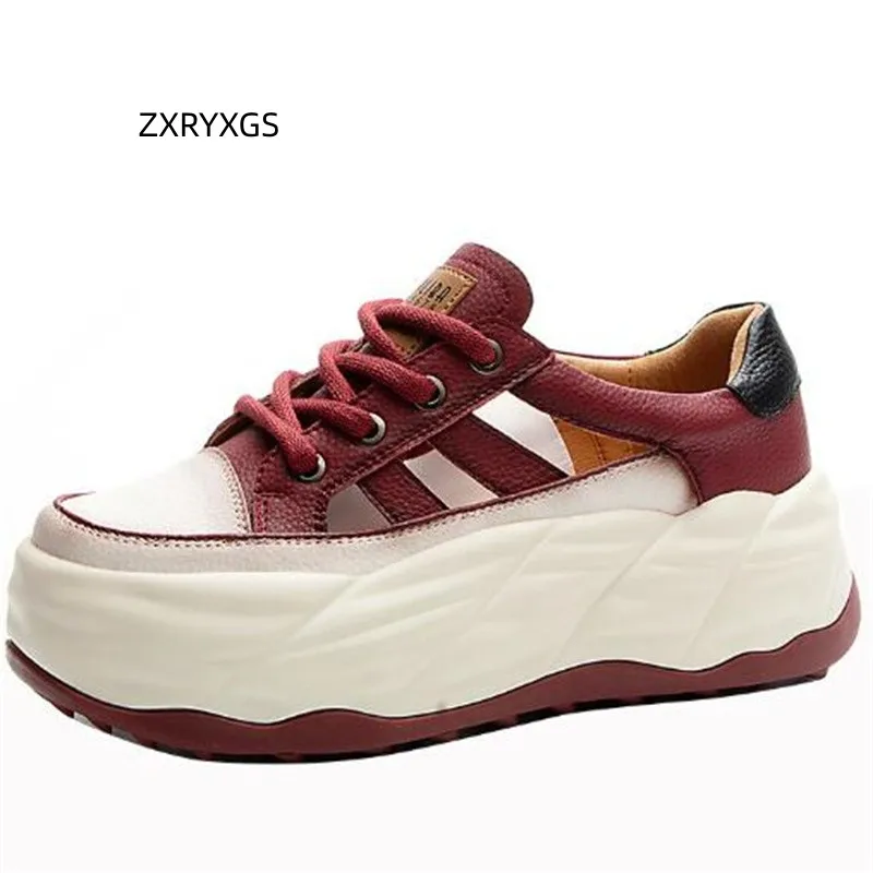 

ZXRYXGS Bestselling Spring Summer Sneaker Platform Shoes Woman 2023 Lace-up Hollow Real Leather Sneaker Flat Heightening Shoes