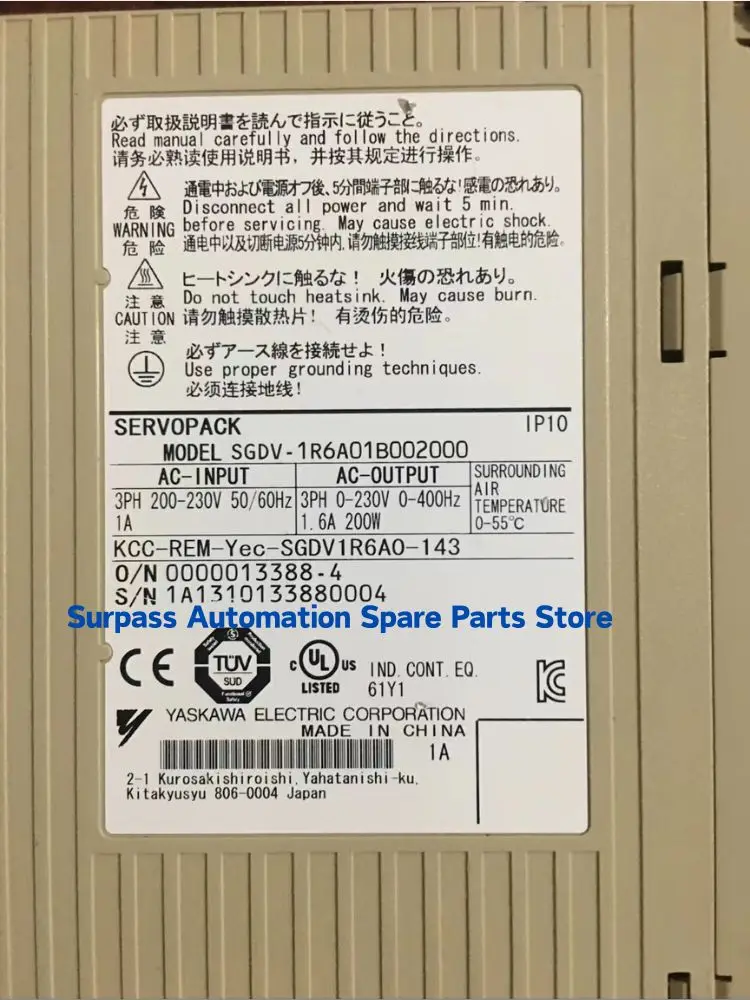Second-hand SGDV-1R6A01B002000 servo drive 200W, function tested and working properly