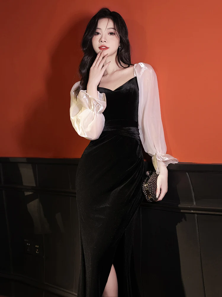 

Velvet Evening Gown Women's High-End Luxury Long Sve Fi Tail Dr Versatile Casual Wear Ele Vintage Sle Pure Color