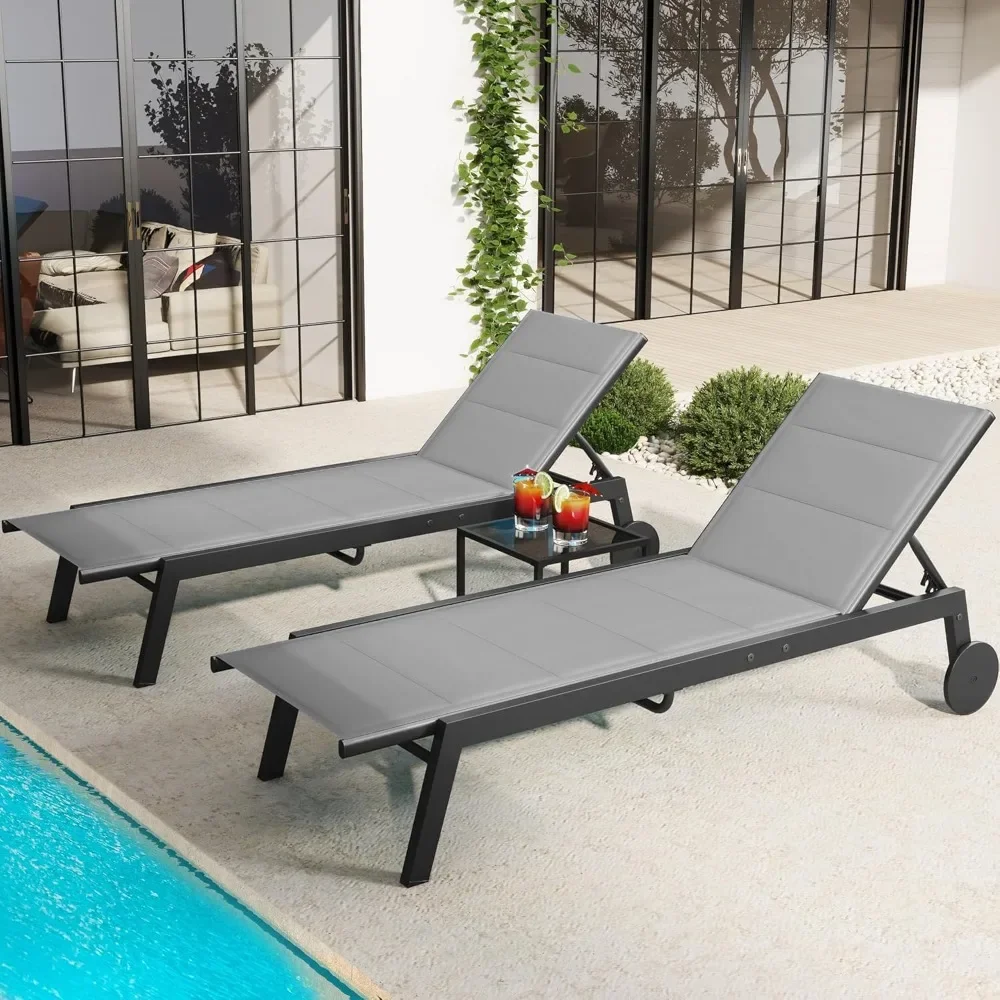 

Patio Chaise Lounge Set of 3 - Aluminum Outdoor Lounge Chairs with Side Table, Padded Fabric & Wheels