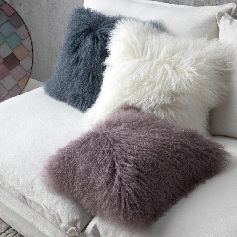 Luxury Mongolian Fur Wool Throw Pillow Sheepskin Cushion Living Room Sofa Solid Gradient Ramp Long Hair Fluffy Cushion Home Deco