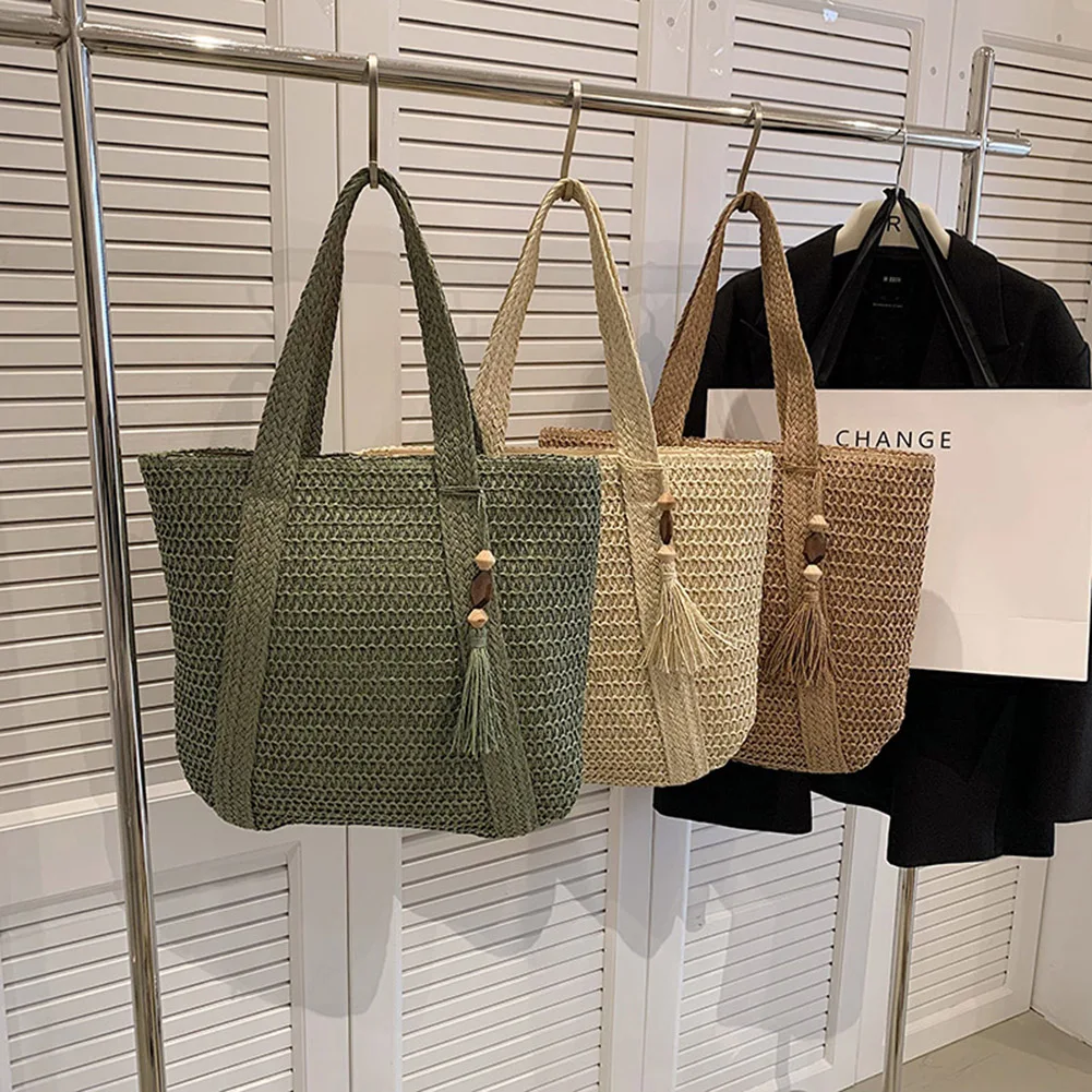 

Top-Handle Bags Fashion Handmade Hand-Woven Handbags Summer Simple Large Capacity with Tassel Pendant Shopping Handbag Tote