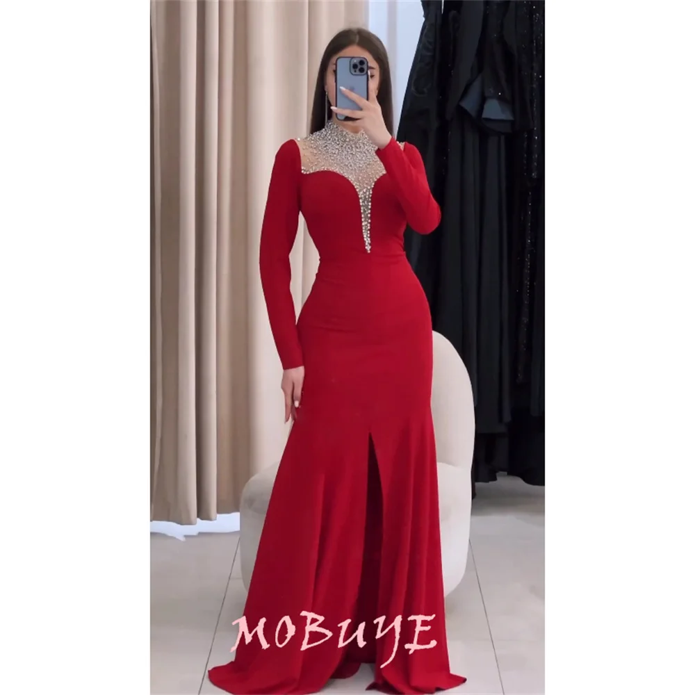 MOBUYE 2024 Popular O Neckline Prom Dress Floor-Length With Long Sleeves Evening Fashion Elegant Party Dress For Women