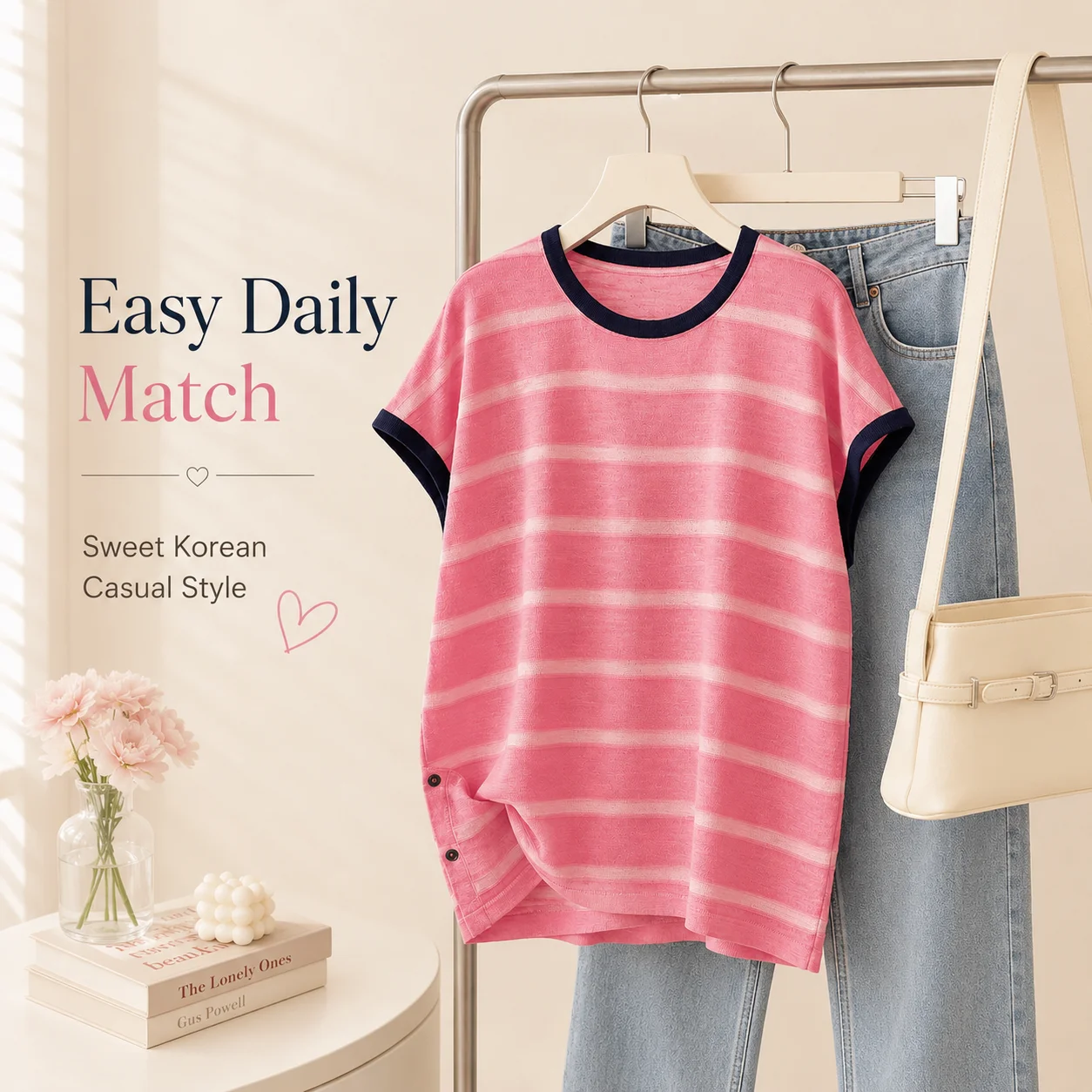 Women Striped Knit T Shirt Summer Korean Loose Fit Short Sleeve Top Contrast Trim Side Button Casual Pullover Blouse