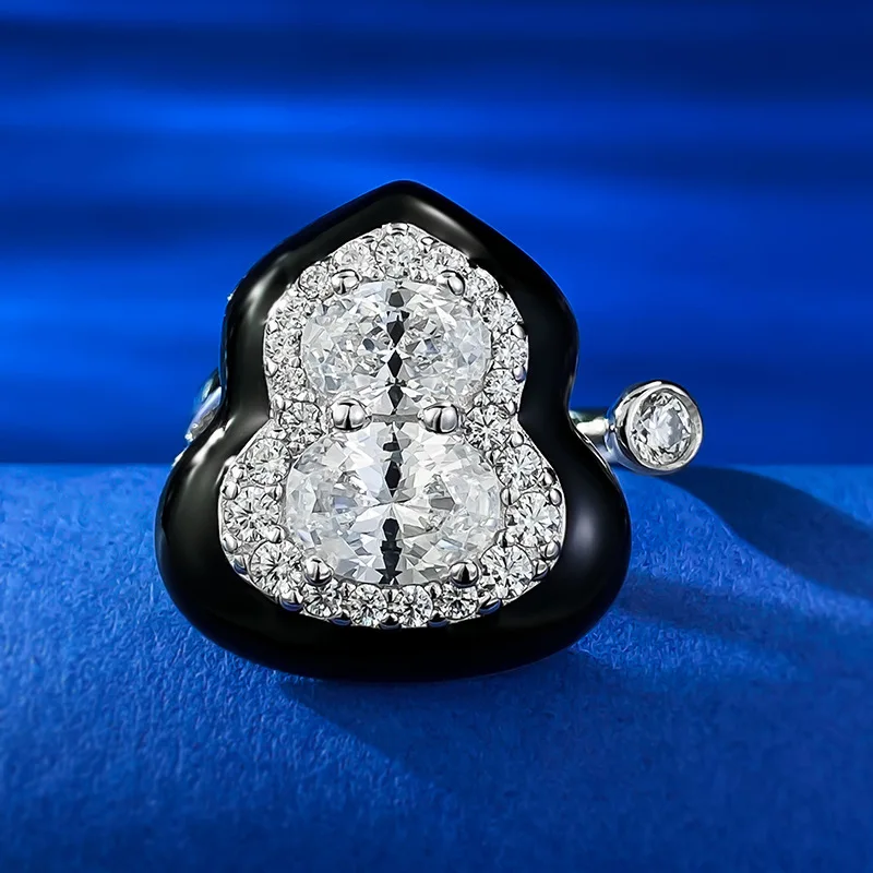 China-Chic Vintage Chinese Style High Carbon Diamond Small Group Design Sense s925 Silver Needle Fulu Gourd Open Ring