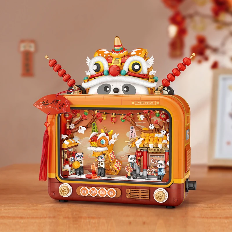 Creative China New Year Shadow Play Television Mini Block Panda Lion Dance Figures Construction Building Brick Toy With Light