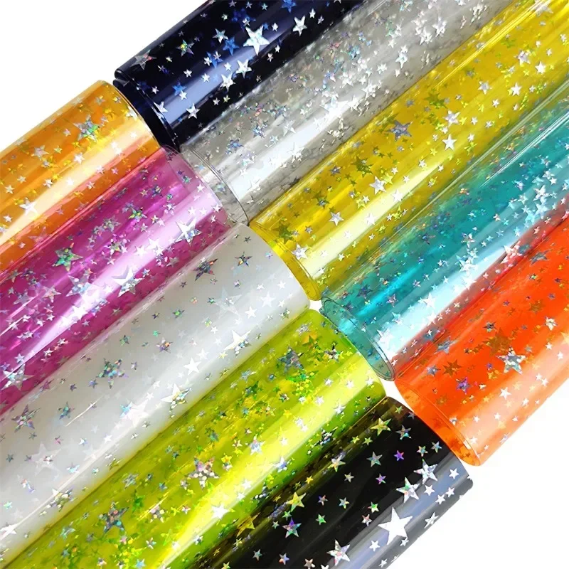 Transparent Jelly Faux Leather Sheets Glitter Stars Holographic PVC neon Vinyl  Film for DIY Making earings /Hair Bow Ribbon