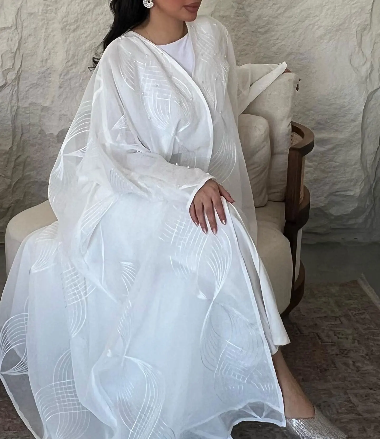 Eid 2-delige set moslim vrouwen witte kralen kimono abaya jurk dubai kaftan Turkije Kebaya islam Jalabiya kaftan Marocain femme gewaad