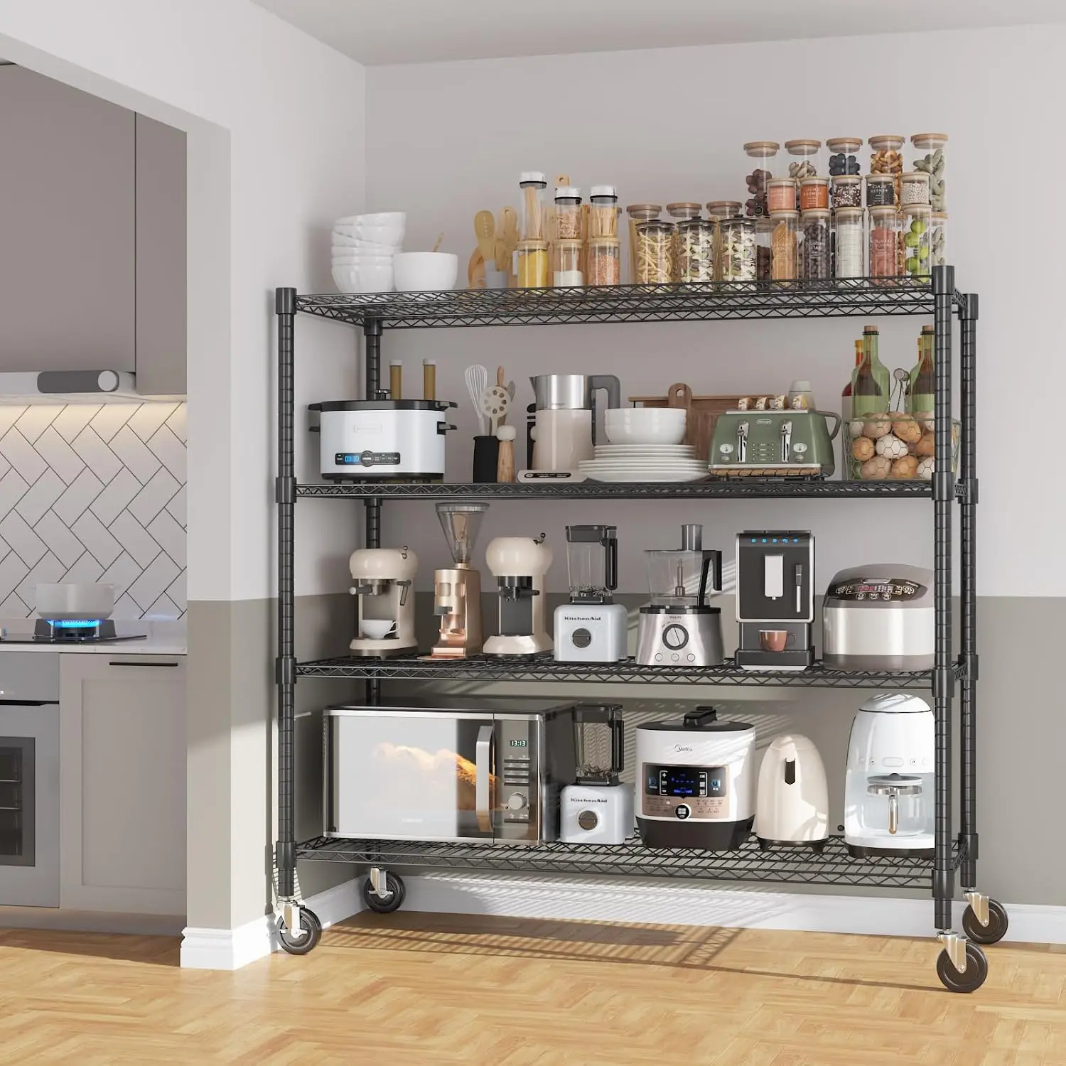 4 Tier Metal Storage Shelving Adjustable Wire Shelf with Wheels Heavy Duty for Garage Kitchen Pantry 18