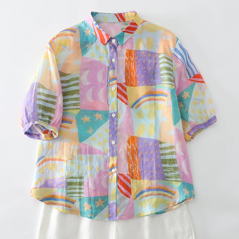

Summer Feel Floral Print Short Sleeve Shirt Women's Thin Skin-friendly Open Cardigan French Style Loose Fit Polyester Blend