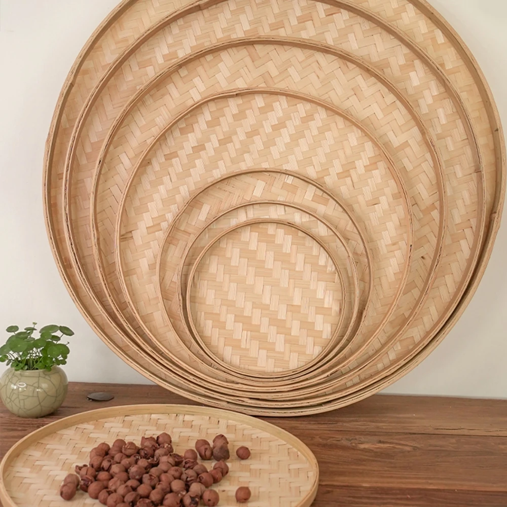 Balsa de bambú tejida a mano, bandejas de almacenamiento redondas, decoración del hogar DIY, cesta de pan de frutas, almacenamiento de cocina, 13/18/22/30/36cm