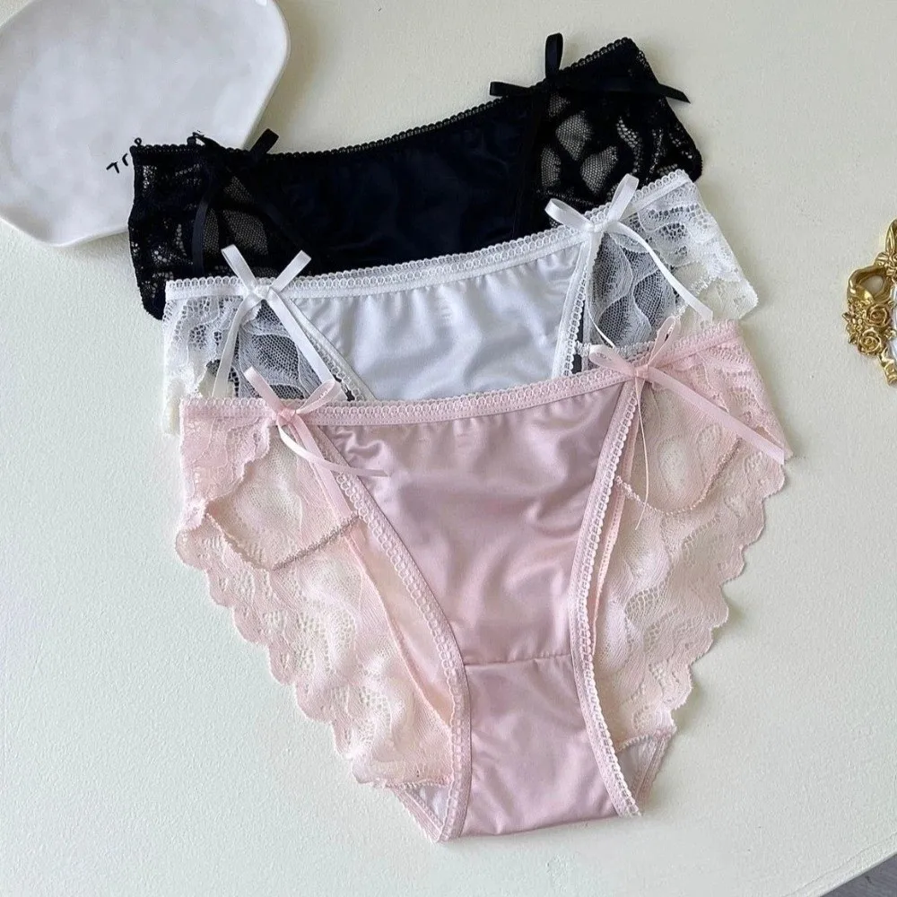 Sweet Bow Lace Flower Panties Seamless Transparent Satin Silk Briefs French Style Low Waist Women Underwear Lady