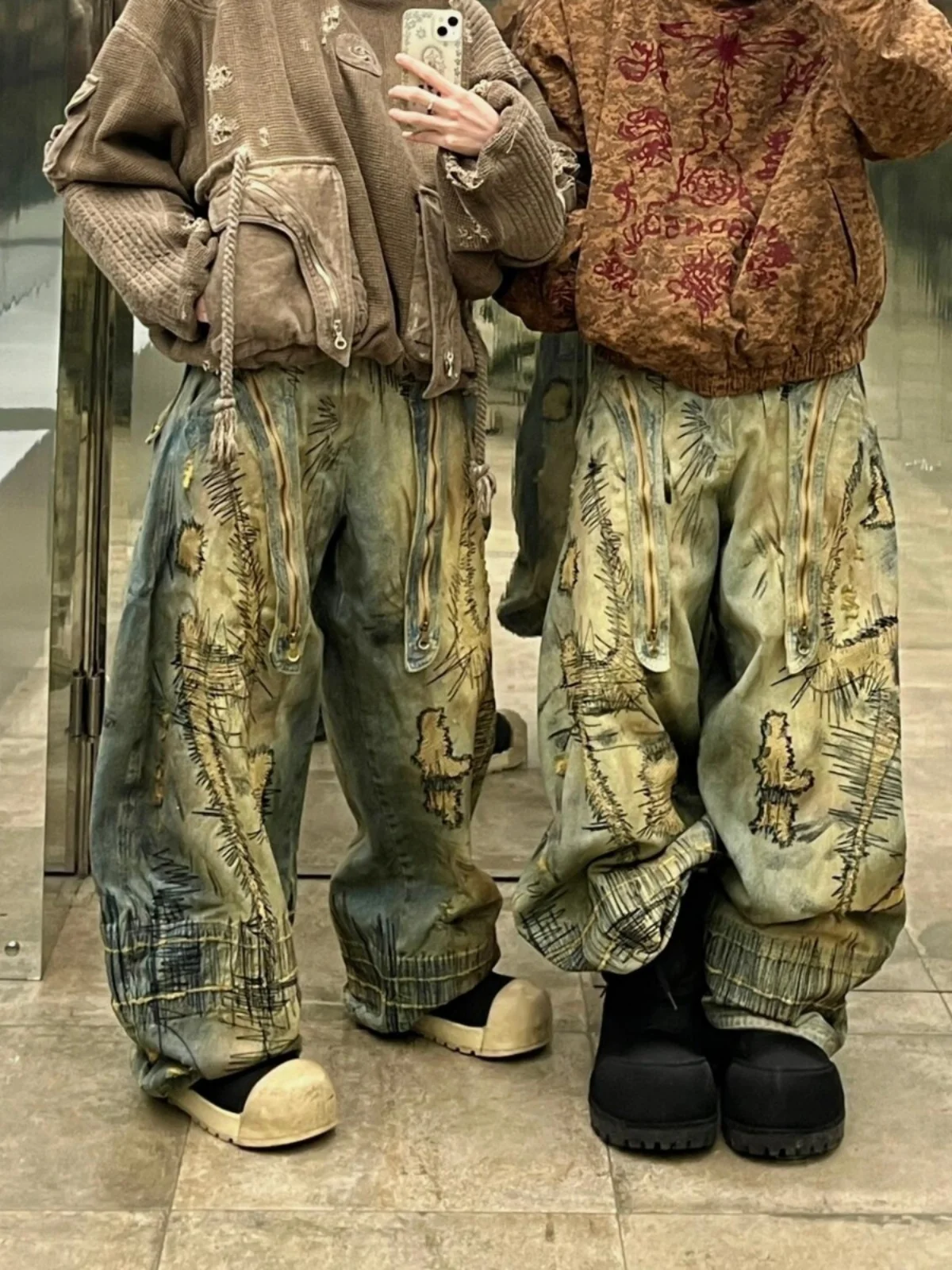 

American High Street Sle Couple Jeans Embroidered Vintage Loose Fit Clean Fit Bent Knife Pants Straight Leg Jeans