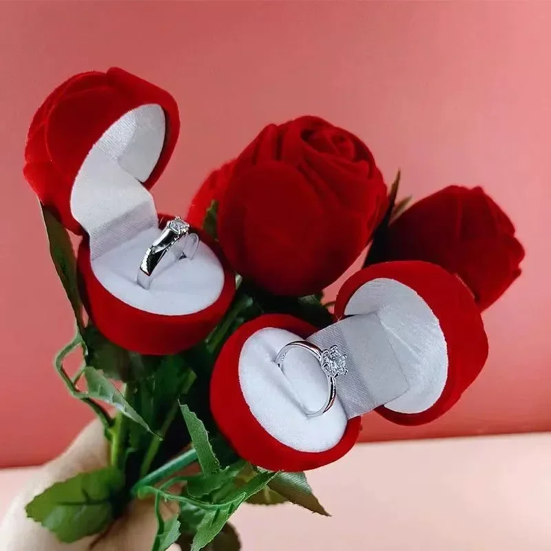 1-5pcs Red Rose Ring Boxes Velvet Flower Jewelry Display Holder Bridal Wedding Romantic Heart Flocking Storage Case