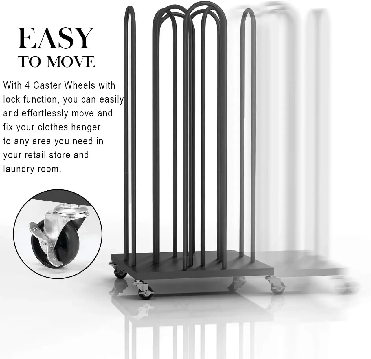 مكدس منظم شماعات، حامل شماعات 4 في 1 مع عجلات دوارة لغرفة الغسيل، متجر البيع بالتجزئة (أسود، 1)