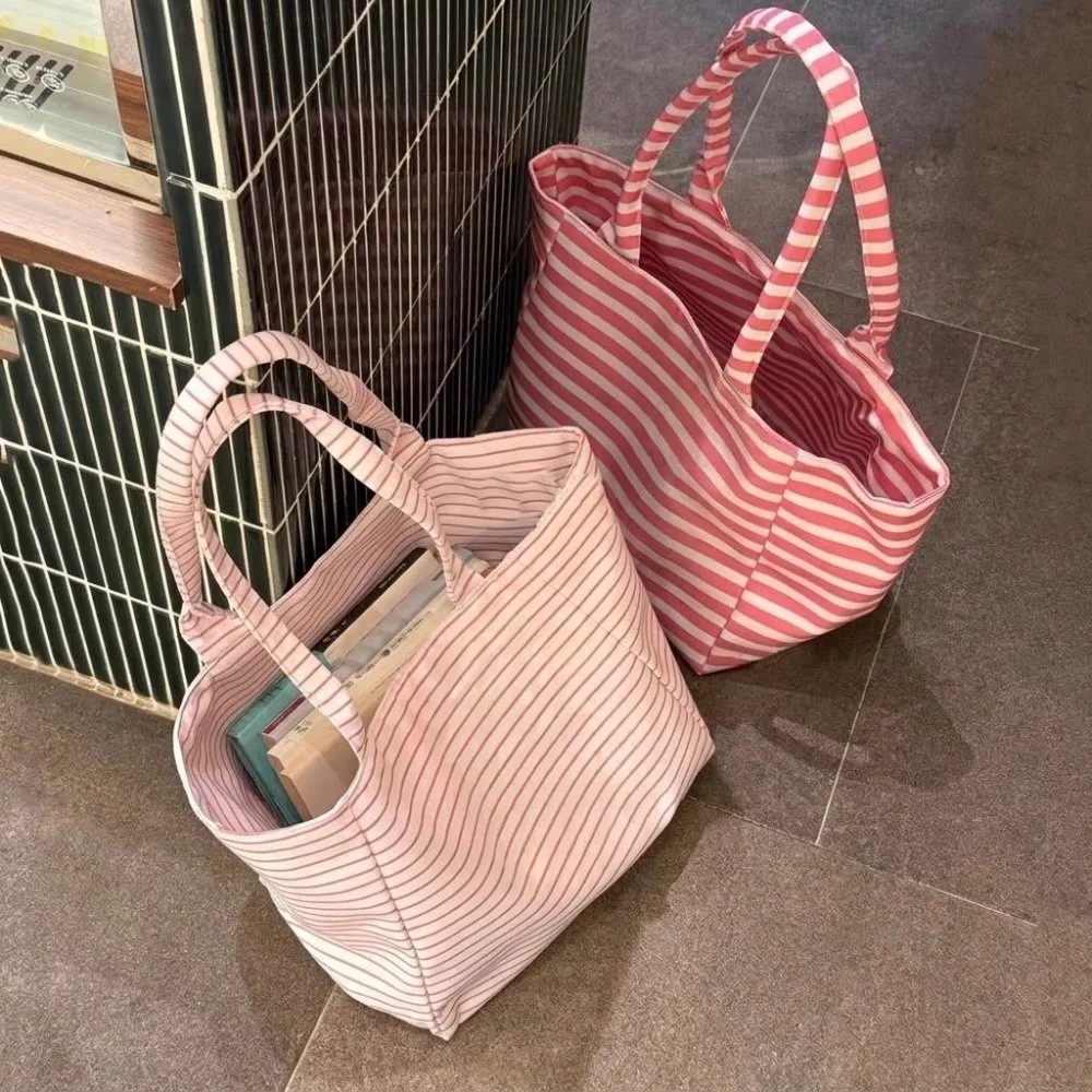 Durable Large Capacity Canvas Tote Bag Thin Thick Striped Lightweight Shoulder Bag Reversible Pink Handbag Casual