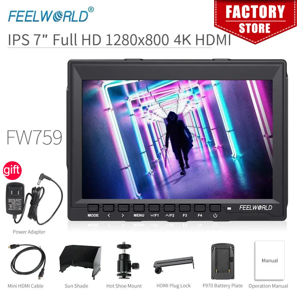 FEELWORLD FW759 7 Inch DSLR Camera Field Monitor 4K HDMI AV Input IPS HD 1280x800 LCD Display Video Assist Protable for Camera