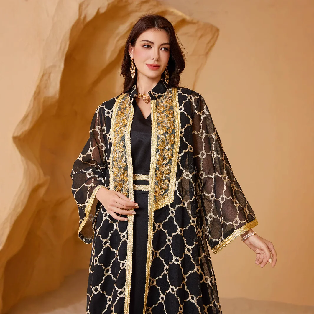 

Middle East Saudi Arabia Heavy Industries Mesh Embroidery Splicing Gold Ribbon Muslim Luxury Fashion Islamic Two Piece Set