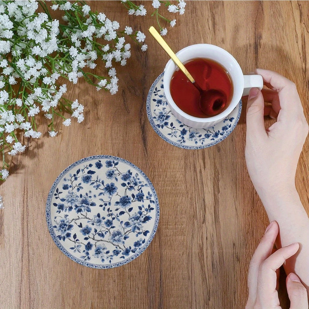 Base para Copos Redonda de Madeira com Padrão de Porcelana Azul Estilo Chinês 2D, Decoração para Casa, Base para Mesa de Centro, Copo de Vidro, Copo d