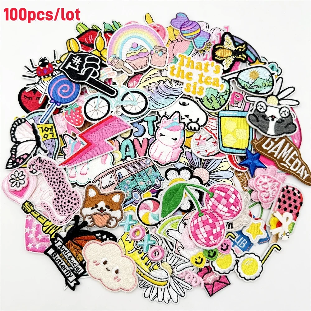 50/100 Stück zufällig sortierte Stickerei-Aufnäher, Cartoon-DIY-Aufnäher zum Aufbügeln/Aufnähen, Aufkleber-Applikationen für Kleidung, Kleider, Hüte, Jeans – Detail 1