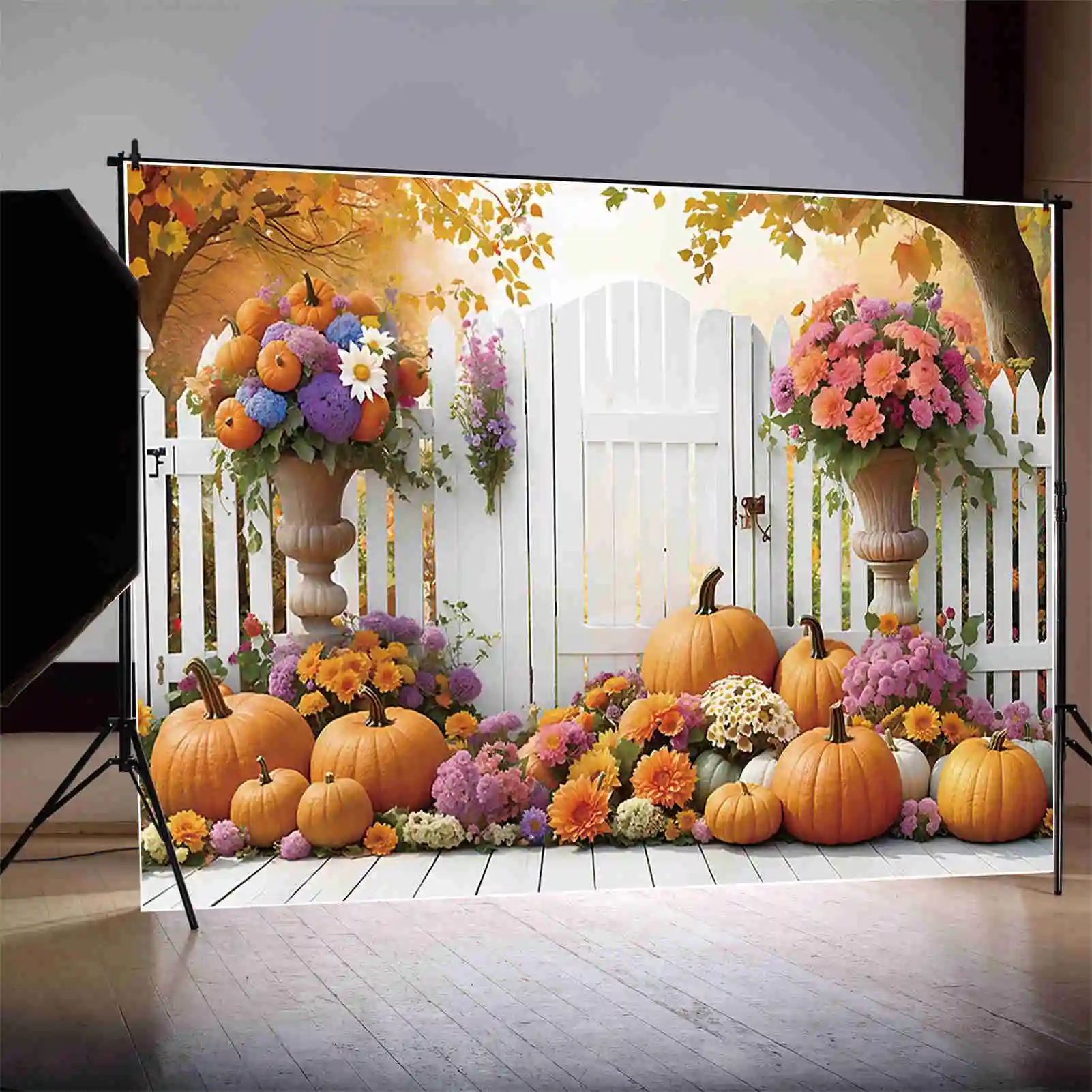 MOON.QG Autumn Photo Studio Background Thanksgiving Garden Fence Flower Backdrop Home Party Decoration Back Drop for Photography