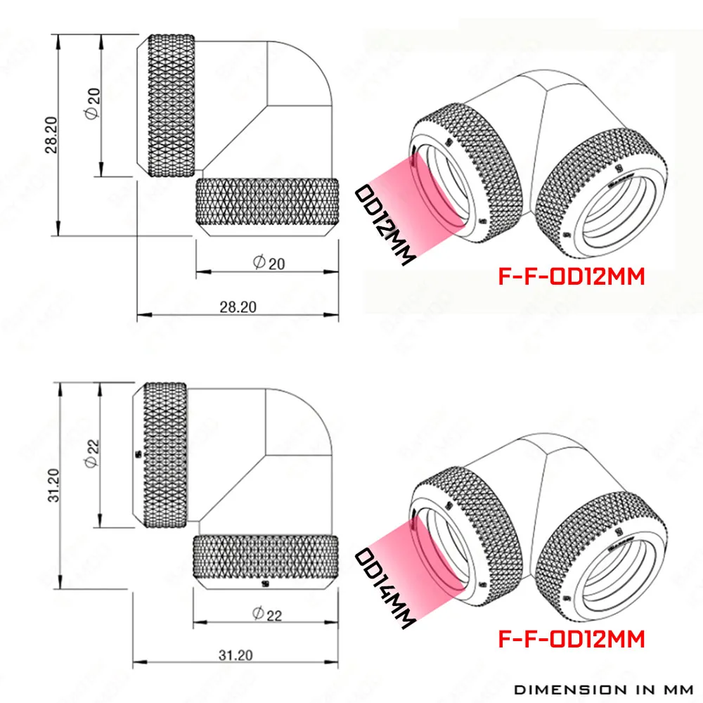 Raccordi di raffreddamento ad acqua Barrow Parti di collegamento per tubi in ottone curvi da 90 gradi F-F/M-F Filettatura G1/4 OD12mm/14mm Custodia per PC MOD TWT90KN
