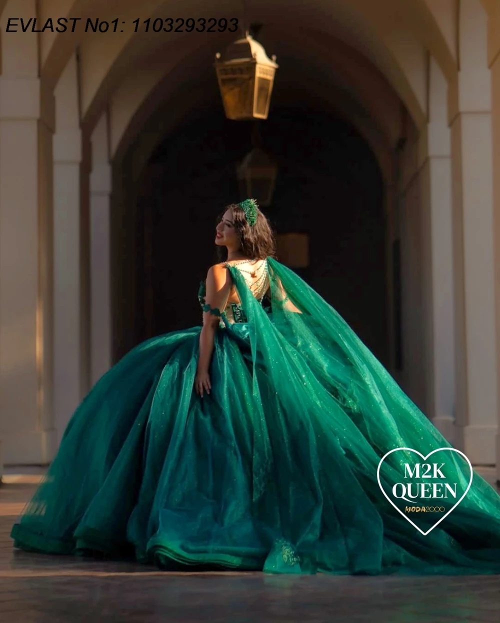 فستان Quinceanera أخضر لامع مخصص من EVLAST فستان حفلة لامع مزين بالدانتيل مطرز كيب سويت 16 فيستدوس دي 15 أنوس E1QN414 #3