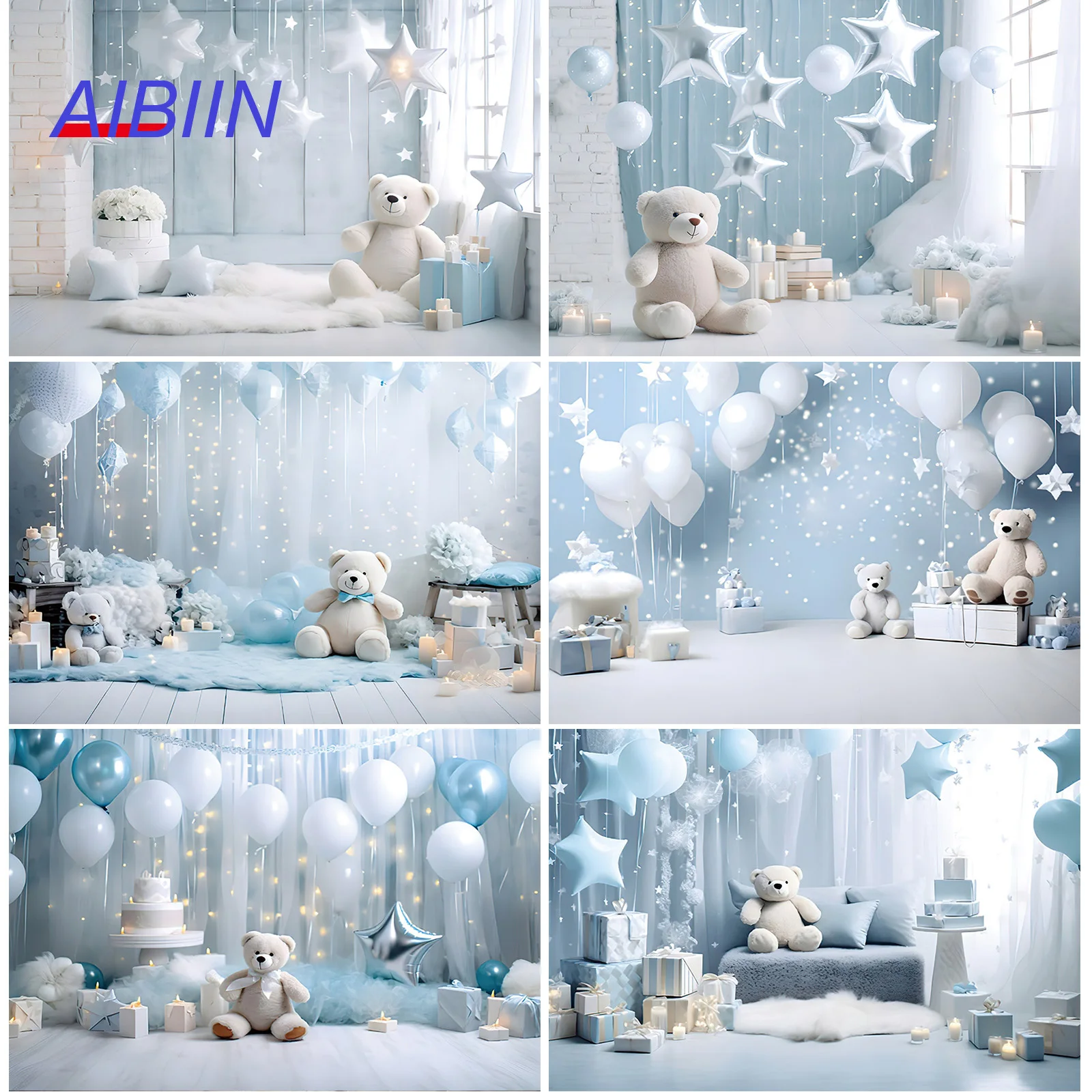 

AIBIIN Toy Bear Photography Background Cake Balloons Stars Birthday Backdrop Party Decoration Bedroom Living Room Kids Portrait