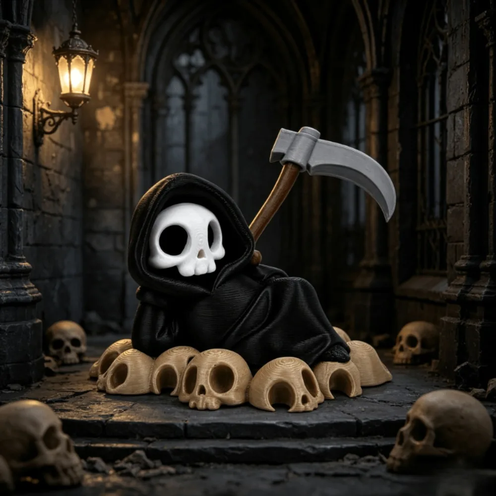 Skeleton Death Ornament Half Lying Death Ornament with Sickle Sitting on Top of Skull Featuring Unique Halloween Costume Design
