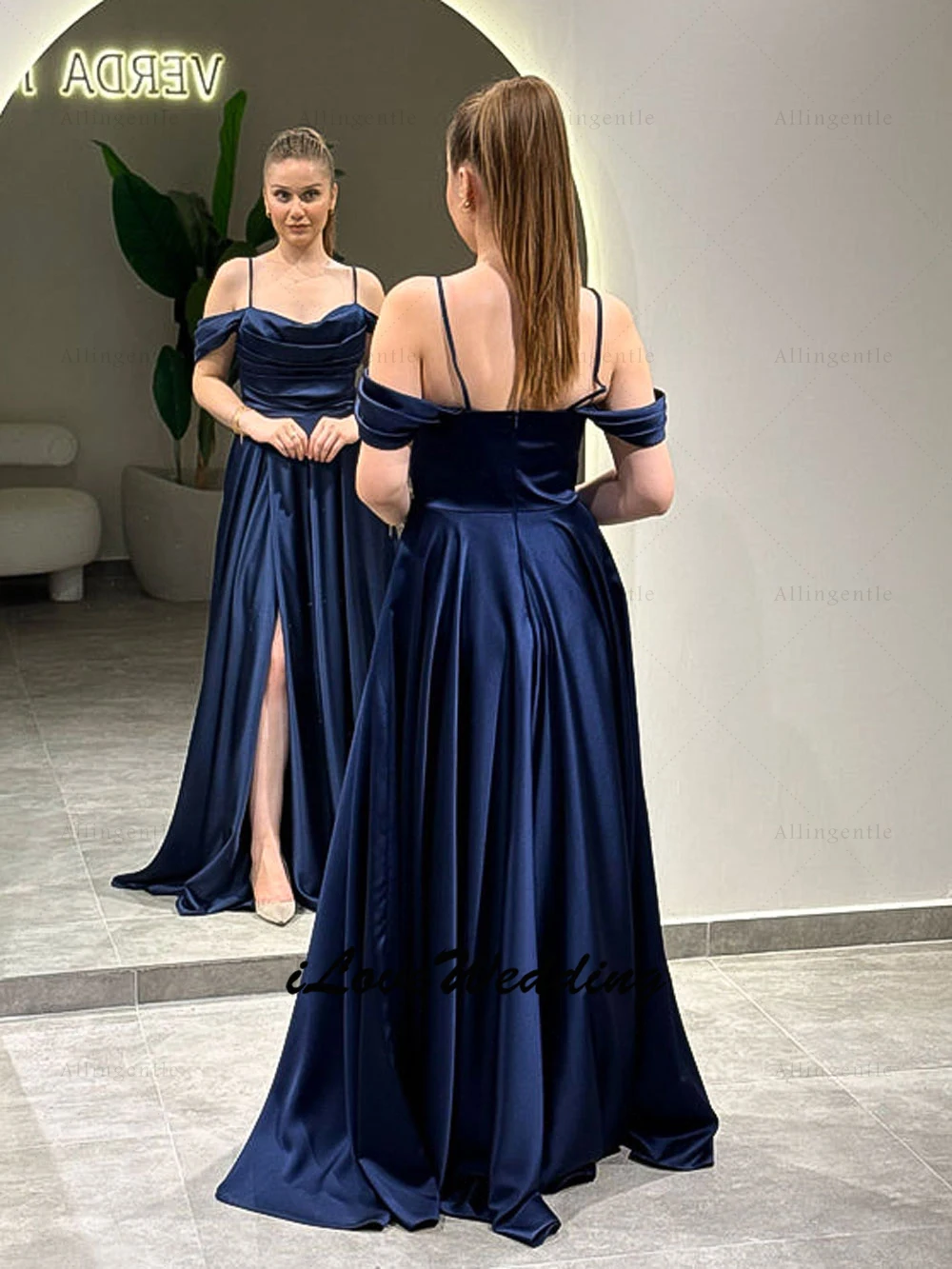 Prachtige blauwe lange galajurk off-shoulder spaghettibandjes elegante dames formele avondjurk bruiloft feestjurk op maat