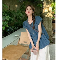 Vintage Denim Shirt Top Pleated Single Breasted O Neck 2024 Pleat Short Sleeve Shirts Casual Summer Loose Women Solid Chic Tops