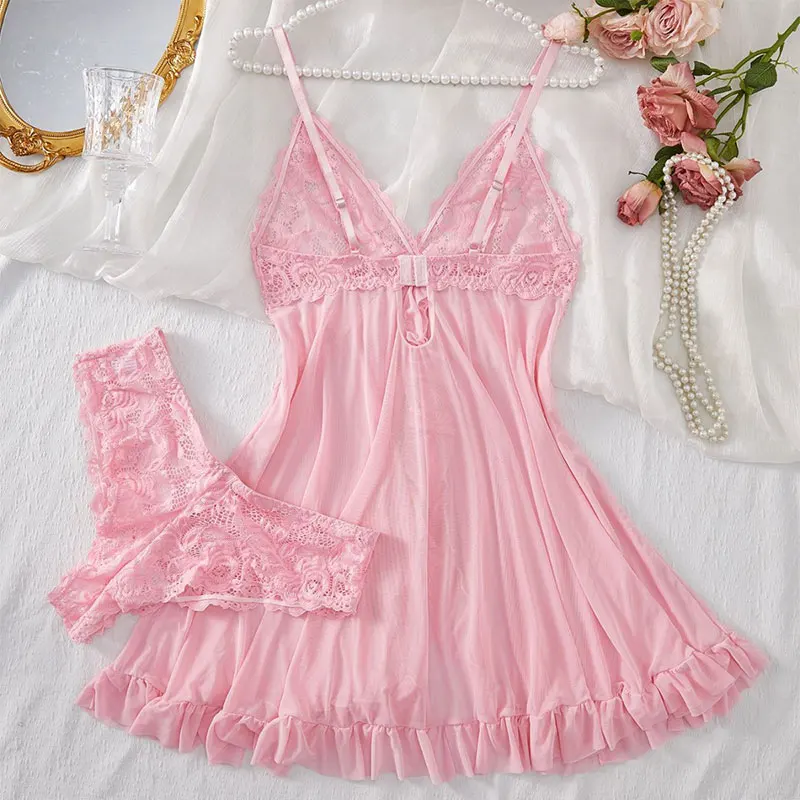 Sexy Women Lace Lingerie Set, Transparent Pink Lace Camisole & Panties Suit, Sexy Romantic Night V-Neck Temptation Hot Sleepwear