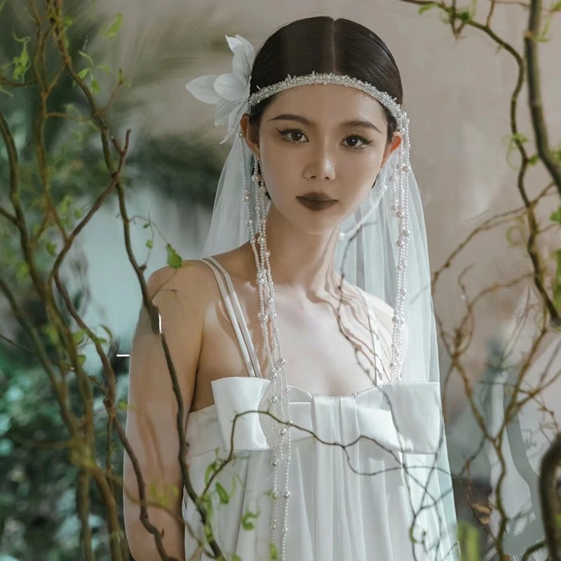 French bridal wreath pearl fringed hair band veil three-dimensional flower edge clip head jewelry