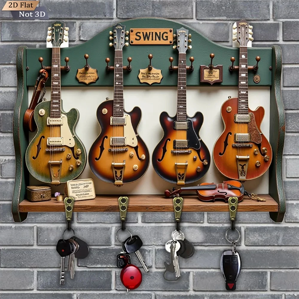 2D Flat, 1pc, Guitar-Shaped Key Hook, Wooden Multifunctional Home Key Hook with Four Metal Hooks, Wall Decoration, Porch