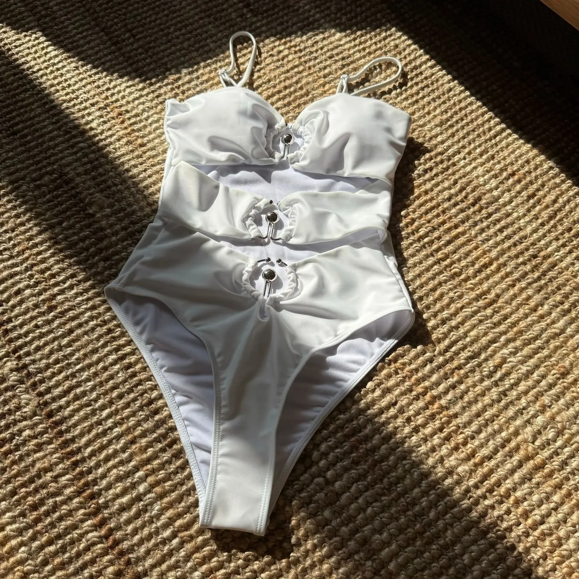 

New Cut Out Metal Ring Wrinkled High Cut Women Swimwear One Piece Swimsuit Female Monokini Padded Bather Bathing Suit Swim