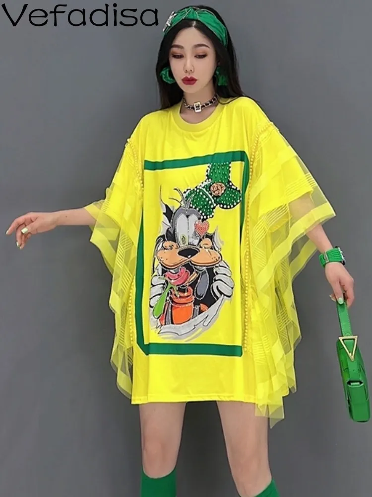 Vefadisa 2024 Summer New Fashion T-shirt Mesh Splice Loose Print Casual Women Wear Yellow And White Trendy Girl T-shirt ZY488