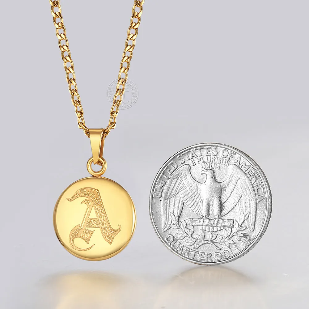 Initial Monogram DIY Name Pendant Necklace for Women Men Coin Cuban Chain Necklace Stainless Steel Alphabet Letter Charm Jewelry