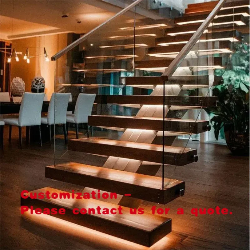 custom.Square Tube Single Stringer Staircase Custom Steel Wood Combination Floating Steps Modern Interior Architecture