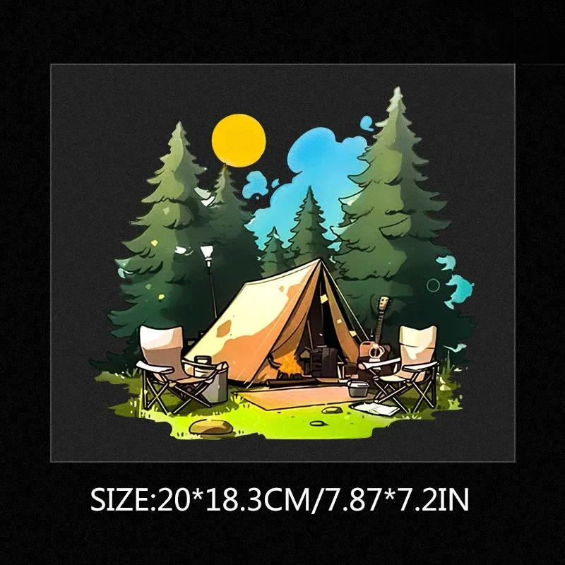 2D Flat Forest Camping Tent Guitar Outdoor Adventure Vinyl Sticker For Car Window Truck Laptop Decor