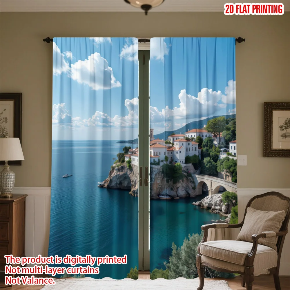 

2D flat printing 2pcs Party Curtain Coastal Cliffside Village Digital Printed Polyester Drapes All Season Party & Holiday Decor
