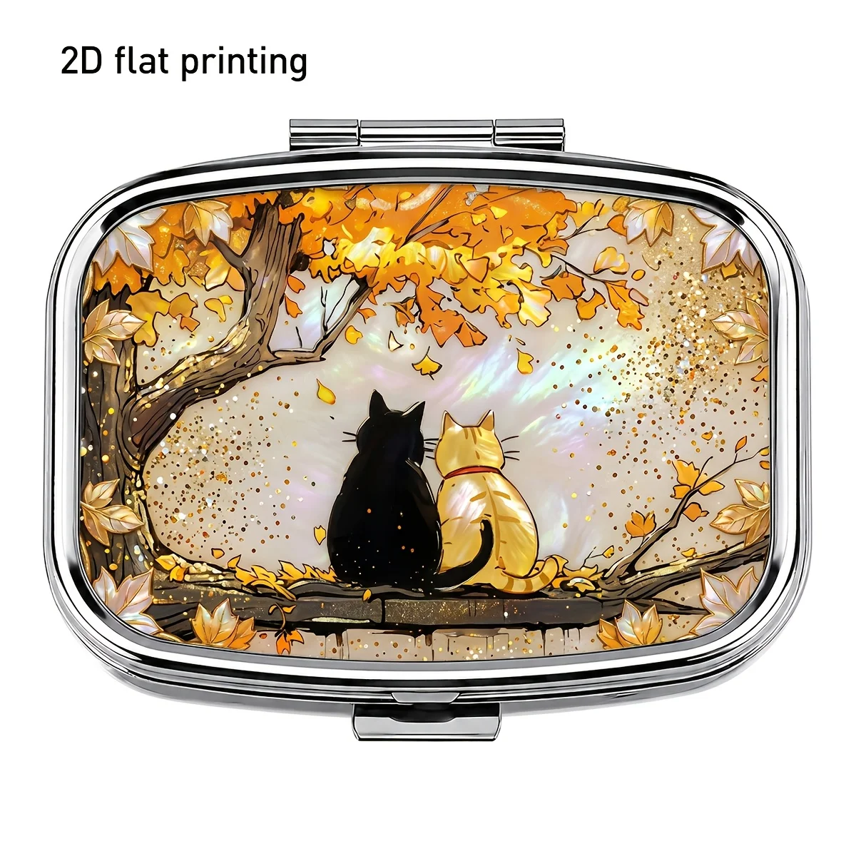 1pc, flat printing, square small pill box with a pattern of a black cat accompanying under golden tree shadows in autumn, aesthetic and artistic style, two-compartment portable storage box, for small items, jewelry, and vitamins, essential for home and outdoor use, a creative gift idea