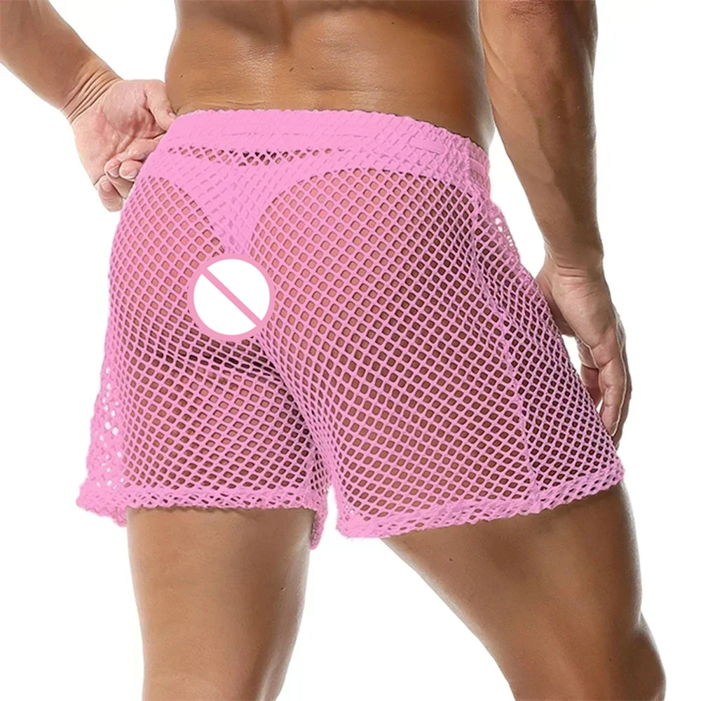 Men's Drawstring Loose Mesh Breathable Shorts Sexy Hollow Out Fishnet Boxers Casual Quick Dry Sleep Bottoms Beach Surfing Trunks