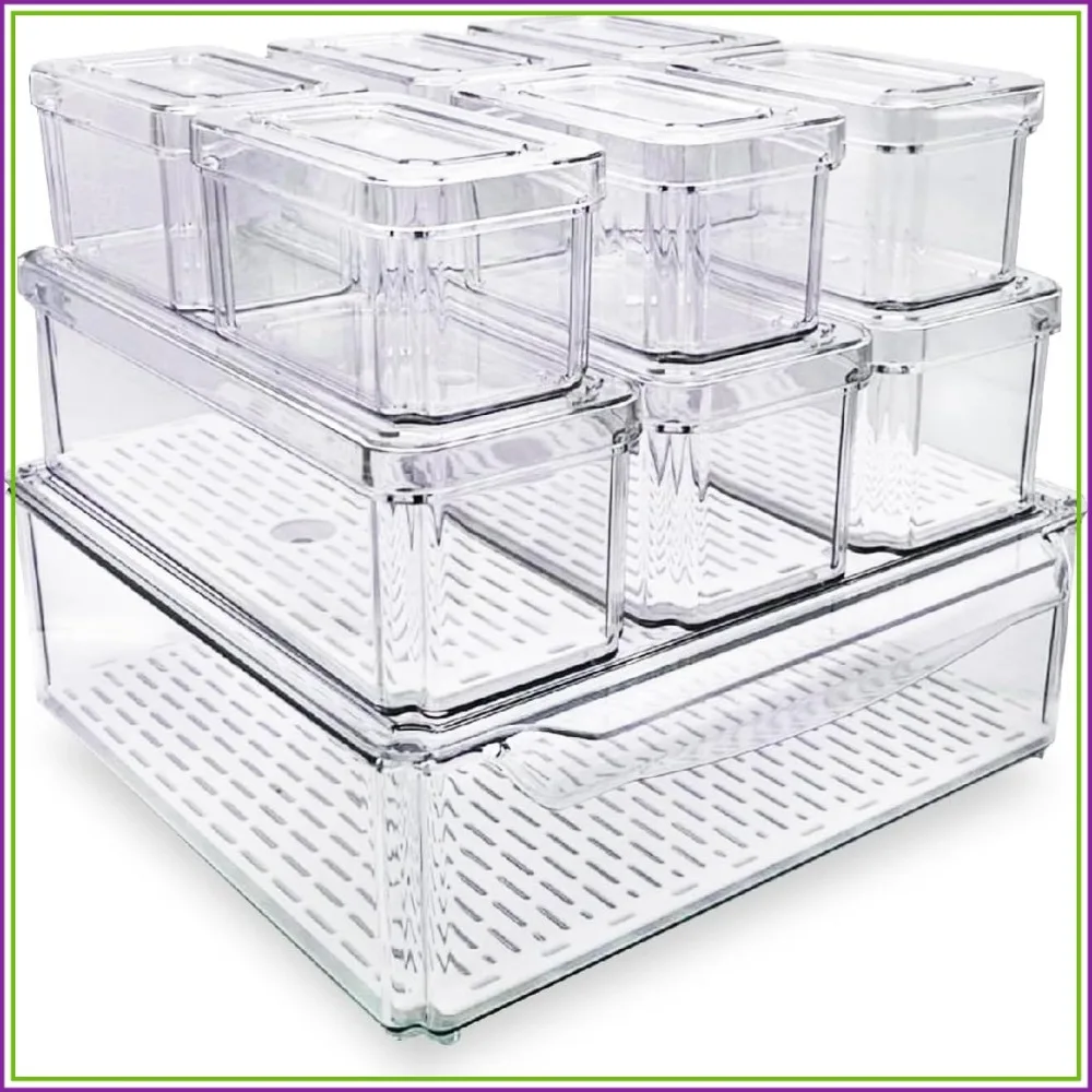 10-Pack Clear Fridge Organizer Bins with Lids & Drainage Holes, Stackable BPA-Free Plastic Storage Containers for Food, Fruits, Vegetables, Meats