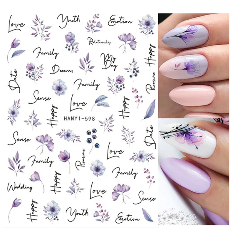 Autocollants 3D pour Ongles avec Colle Arrière, Interconnexion Élégante, Feuilles Florales, Violet, Vert, Rose, Décoration Nail Art, Auto-Adhésifs pour Décalcomanies