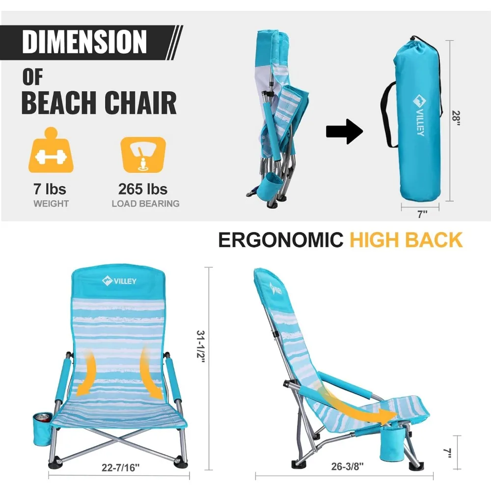 كراسي شاطئ منخفضة من VILLEY للبالغين، عبوة من قطعتين، كراسي شاطئ قابلة للطي عالية الظهر، خفيفة الوزن ومحمولة للاستخدام في الهواء الطلق، الشاطئ، والتخييم، #3