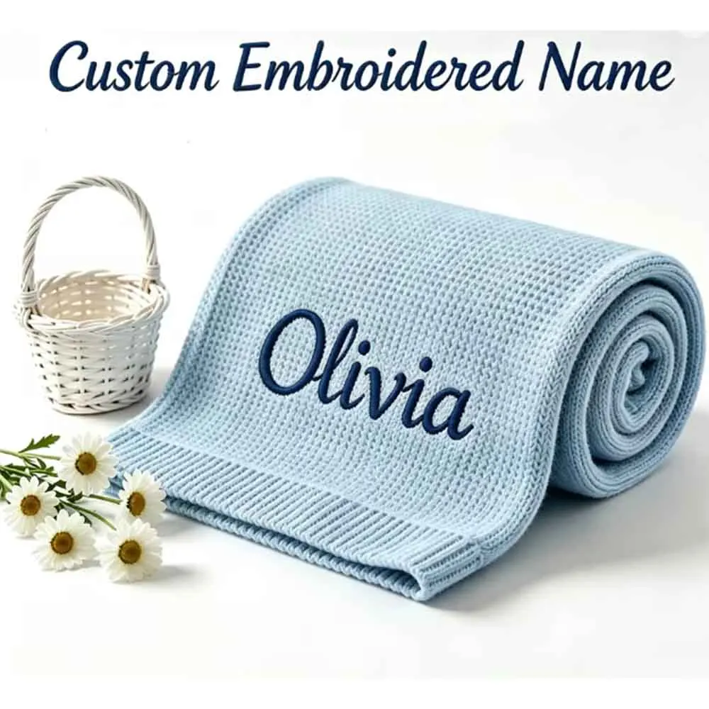 Baby Blanket,Personalized Embroidered Name,Stroller Blanket,Newborn Baby Gift ,Soft Breathable Cotton Knit, Baby Shower Gift
