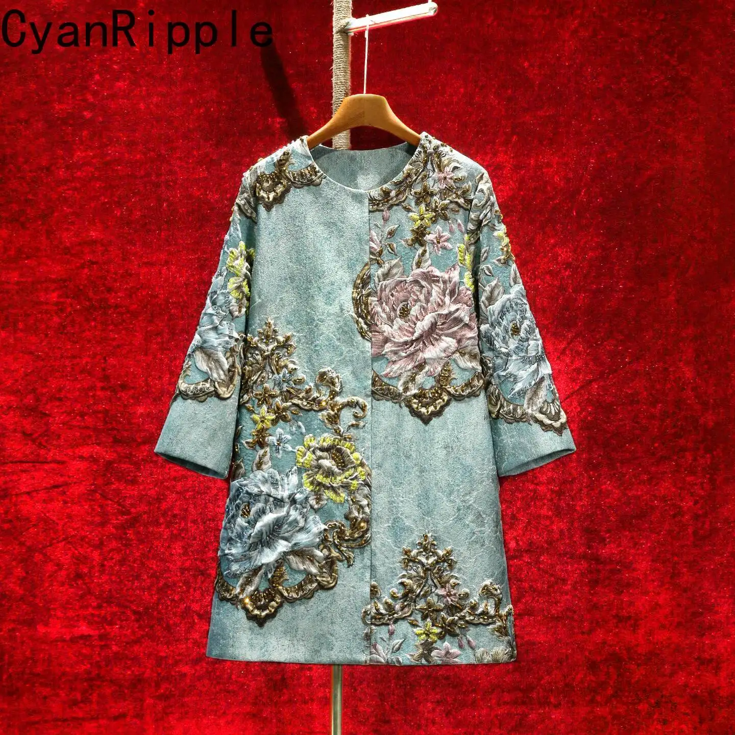 High Quality Smoke Blue Emboss Embroidery Jacquard Women Trench Coat New Spring Autumn All-match Mid-long Beading Windbreaker