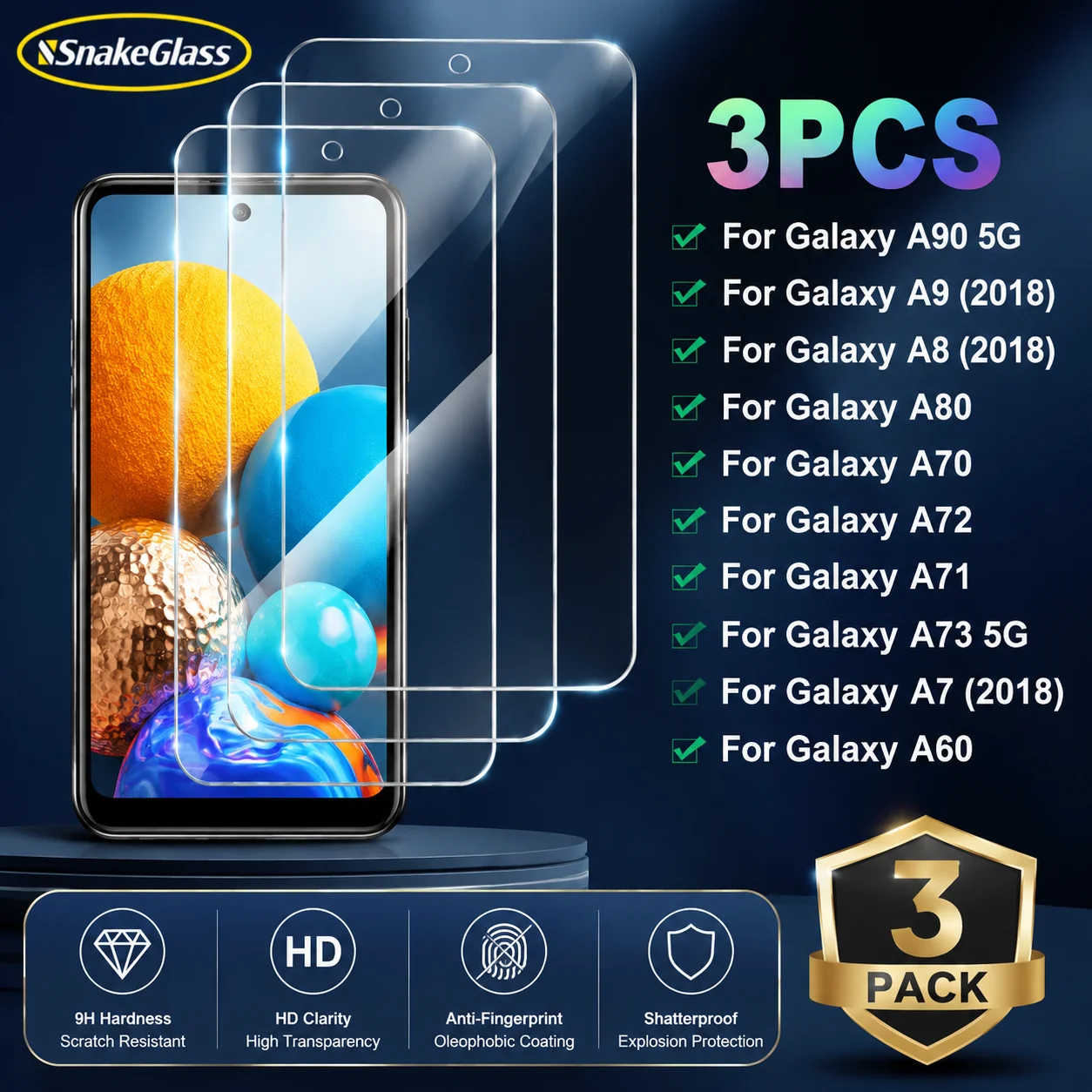 3PCS HD Tempered Glass for Samsung Galaxy A90 A80 A52 A72 A02S A12 A22 A32 5G A51 A41 A31 A21 A21S A11 A01 A71 Screen Protector