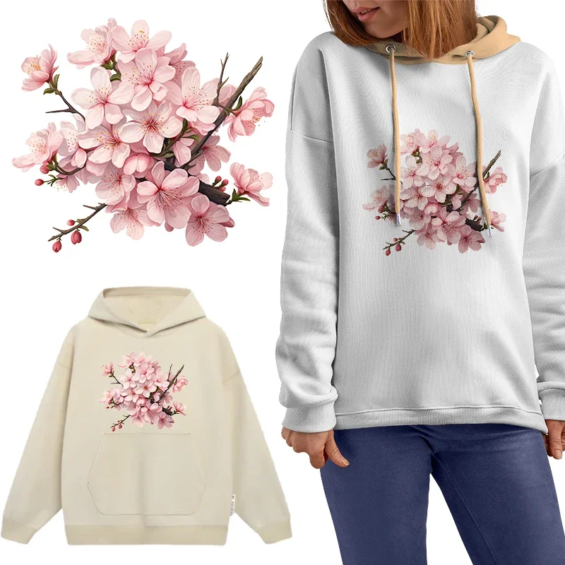 Watercolor Beautiful Cherry Blossom Iron on Patches for DIY Heat Transfer Clothes Thermal Transfer Stickers Decoration Printing