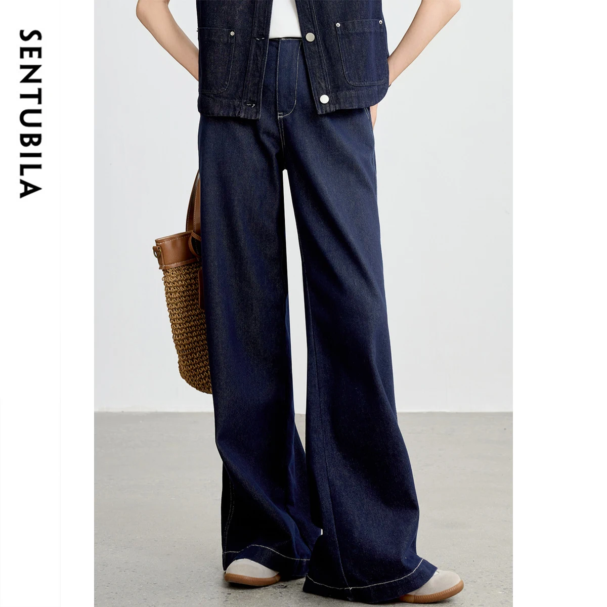 

SENTUBILA Fade-Resistant Wide Leg Jeans High Waisted Contrast Stitch Vibrant Color Autumn 2025 Tannin Vitality Pants W53ND2045